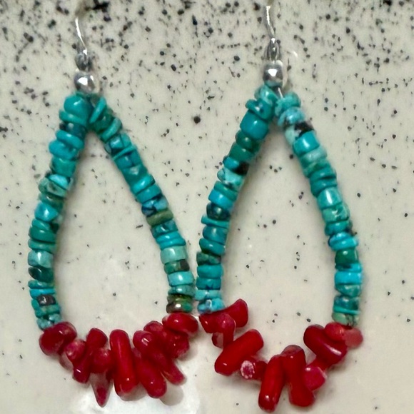 Jewelry - New! Native American Red Coral Turquoise & Sterling Silver Dangle Earrings